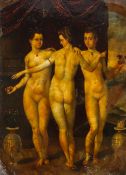 A Continental oil on copper panel depicting The Three Graces, in the 16/17th century style,