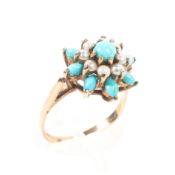 A 9ct gold turquoise and pearl flower ring, size N