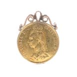 A Victorian 1887 two pound double sovereign with yellow metal mount, 16.7g.