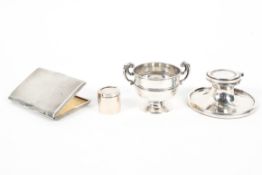 A selection of silver wares, comprising; a single capstan inkwell, hallmarked Birmingham 1908,