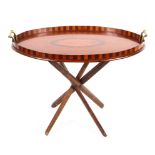 A Georgian marquetry mahogany two-handled oval tray together with a folding stand,