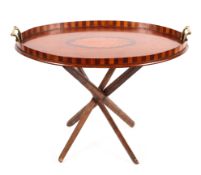 A Georgian marquetry mahogany two-handled oval tray together with a folding stand,