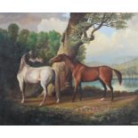 20th century English school, oil on canvas mounted on board, Two horses in a landscape,