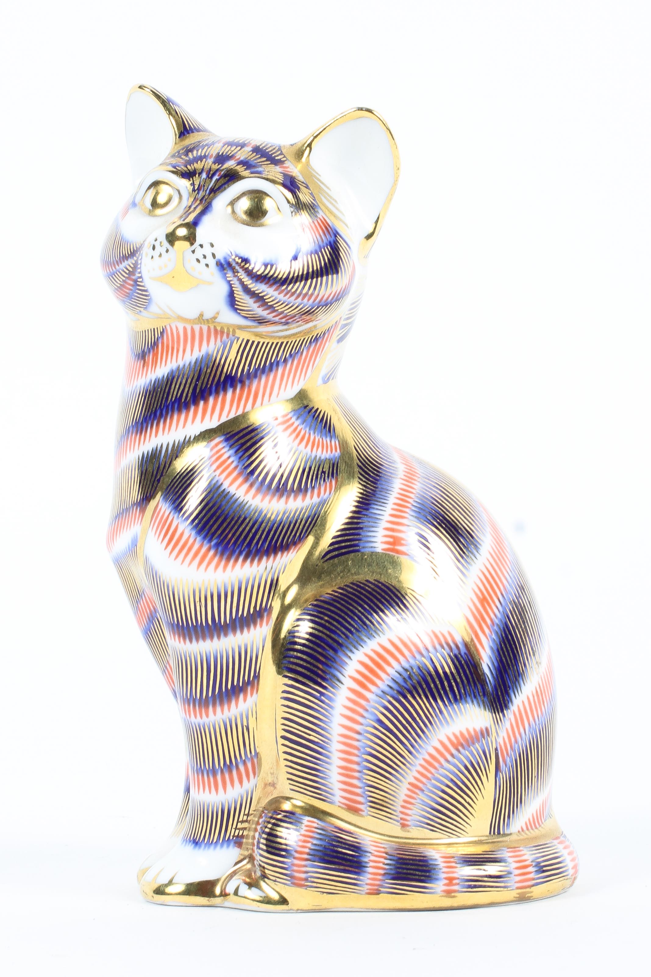 A Royal Derby imari model of a cat, printed iron-red marks, gilt stopper,