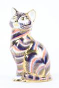 A Royal Derby imari model of a cat, printed iron-red marks, gilt stopper,