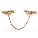 A 9ct gold and seed pearl double chain brooch each modelled as a dragonfly. 5.8g.