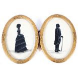A pair of Victorian style silhouette portraits of a man and woman, he holding a walking cane,