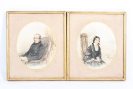 A pair of Victorian portraits of a gentleman and a lady, watercolour,