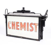 A large Edwardian Chemist sign, in rectangular black painted iron box frame,