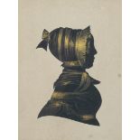 A Victorian silhouette portrait of a woman, mid-19th century, bearing a ribboned bonnet,
