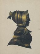 A Victorian silhouette portrait of a woman, mid-19th century, bearing a ribboned bonnet,