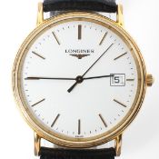 A gents Longines quartz wristwatch, the white dial with gilt batons denoting hours,