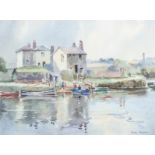 Dorothy Bradshaw, Boating Scene with figures on lake before houses, watercolour, signed lower right,