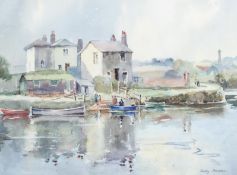 Dorothy Bradshaw, Boating Scene with figures on lake before houses, watercolour, signed lower right,