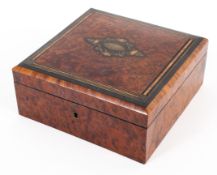 A Victorian brass inlaid work box, veneered burr walnut,