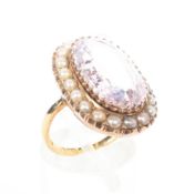 An 18ct gold rose quartz and seed pearl dress ring,