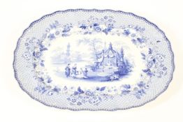 A Staffordshire pottery transfer printed blue and white 'Mecca' pattern shaped oval serving-dish,