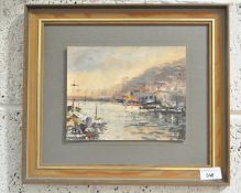 Anne Williams (RBA) oil on board, depicting a harbour scene, marked 'A W' (lower right),