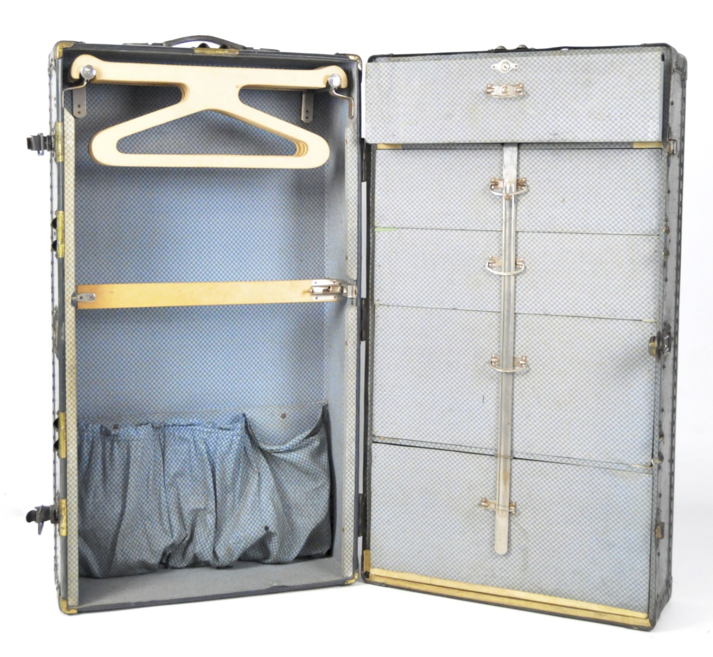 An early 20th century wardrobe/travelling trunk, with rivetted decoration, - Image 2 of 3