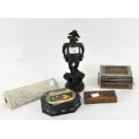 An assortment of collectables, to include a Russian lacquered lidded box, carved wooden stamp box,