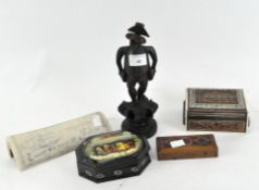 An assortment of collectables, to include a Russian lacquered lidded box, carved wooden stamp box,