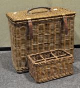 A wicker picnic hamper with fitted and removable wine bottle holder,