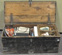 A vintage tool box and assorted contents,