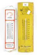 Two painted tin advertising thermometers,