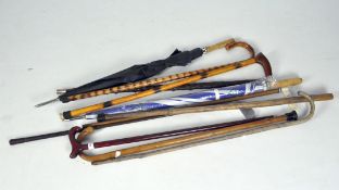 A collection of assorted walking canes and umbrellas,