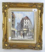 Burnett, signed oil on canvas, depicting a Parisian street scene, mounted in gilt frame,
