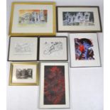 Two modern watercolours of Italian scenes together with a selection of glazed prints,