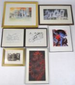 Two modern watercolours of Italian scenes together with a selection of glazed prints,