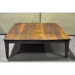 A large plank top low coffee table with peg joints, 137cm x 122cm x 43cm.