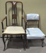 An Edwardian mahogany inlaid armchair and a Victorian spindleback nursing chair,