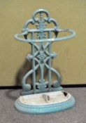 A cast metal walking stick or umbrella stand, in the Coalbrookdale style, painted in blue,