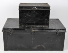 A large metal storage travelling trunk, 36cm x 90cm, together with a smaller storage box