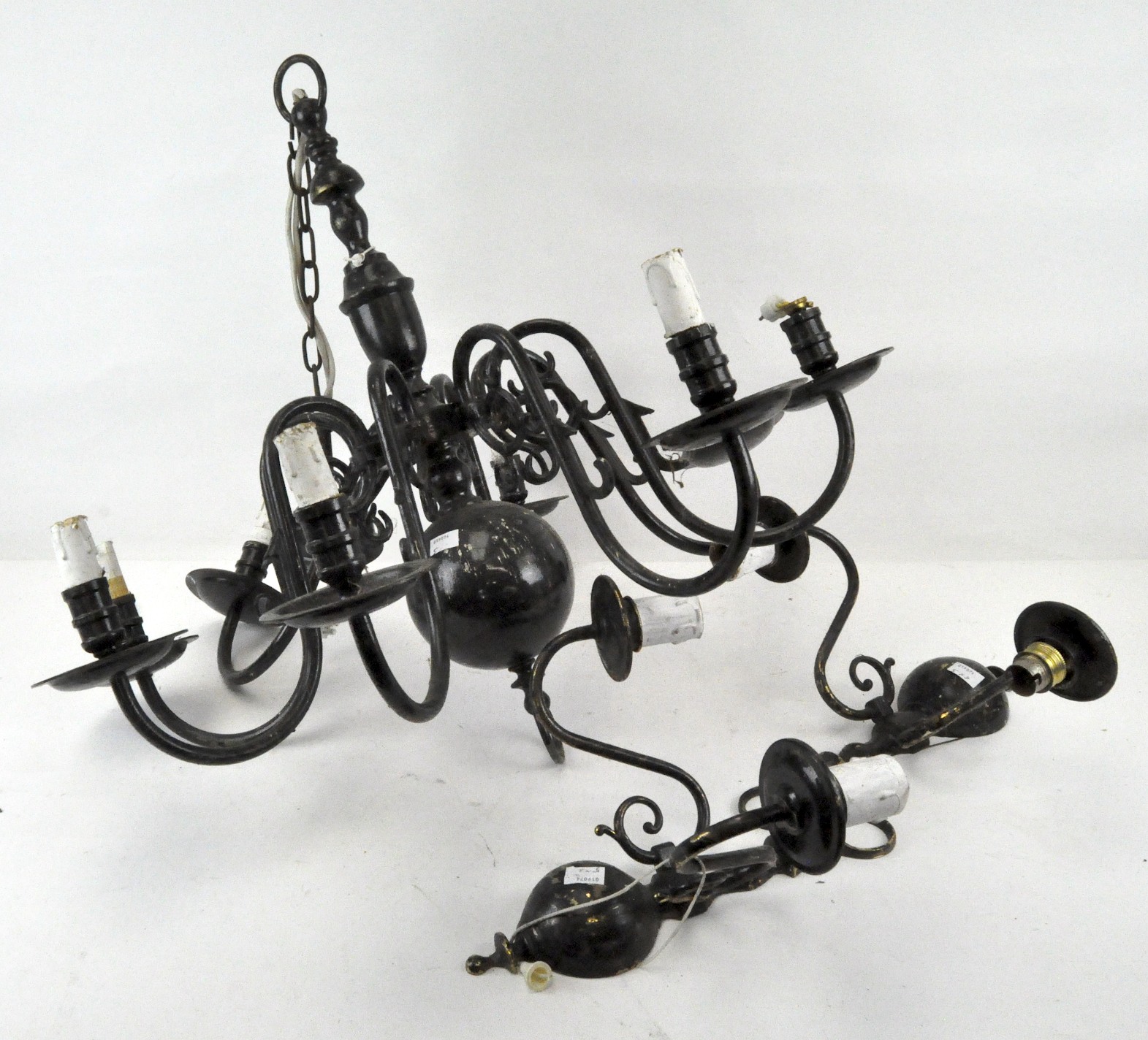 An eight branch Dutch style black painted metal chandelier with a matching pair of wall sconces - Image 2 of 2