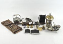 A selection of silver plated wares, including a cocktail shaker, hipflasks and more,