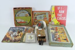 Assorted toys, including Smiths Noddy clock,