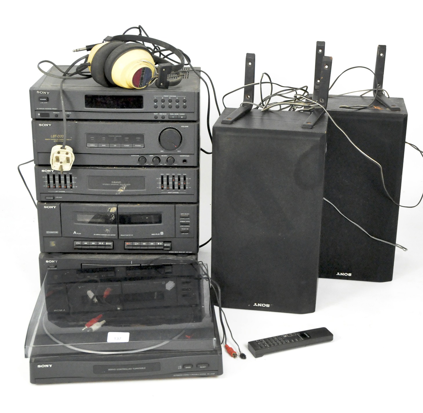 A Sony stacking Hi Fi system, including earlier headphones,