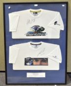 Two signed racing driver shirts, one by Juan Pablo Montoya, the other Ralf Schumacher,