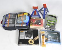 A selection of vehicle related items to include car jacks tyre air compressor and other items.