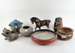 A selection of assorted ceramics, to include a glazed ceramic frog, figure of a shire horse,