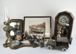 A collection of 20th Century collectables, including a wooden mantle clock, barometer,