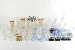 A collection of assorted glassware, to include a silver plate mounted biscuit barrel, tumblers,