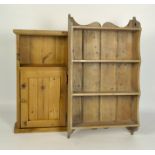 A 20th Century pine shelving unit, four tiers with a shaped edge together with a pine wall unit