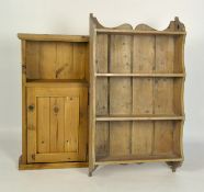 A 20th Century pine shelving unit, four tiers with a shaped edge together with a pine wall unit