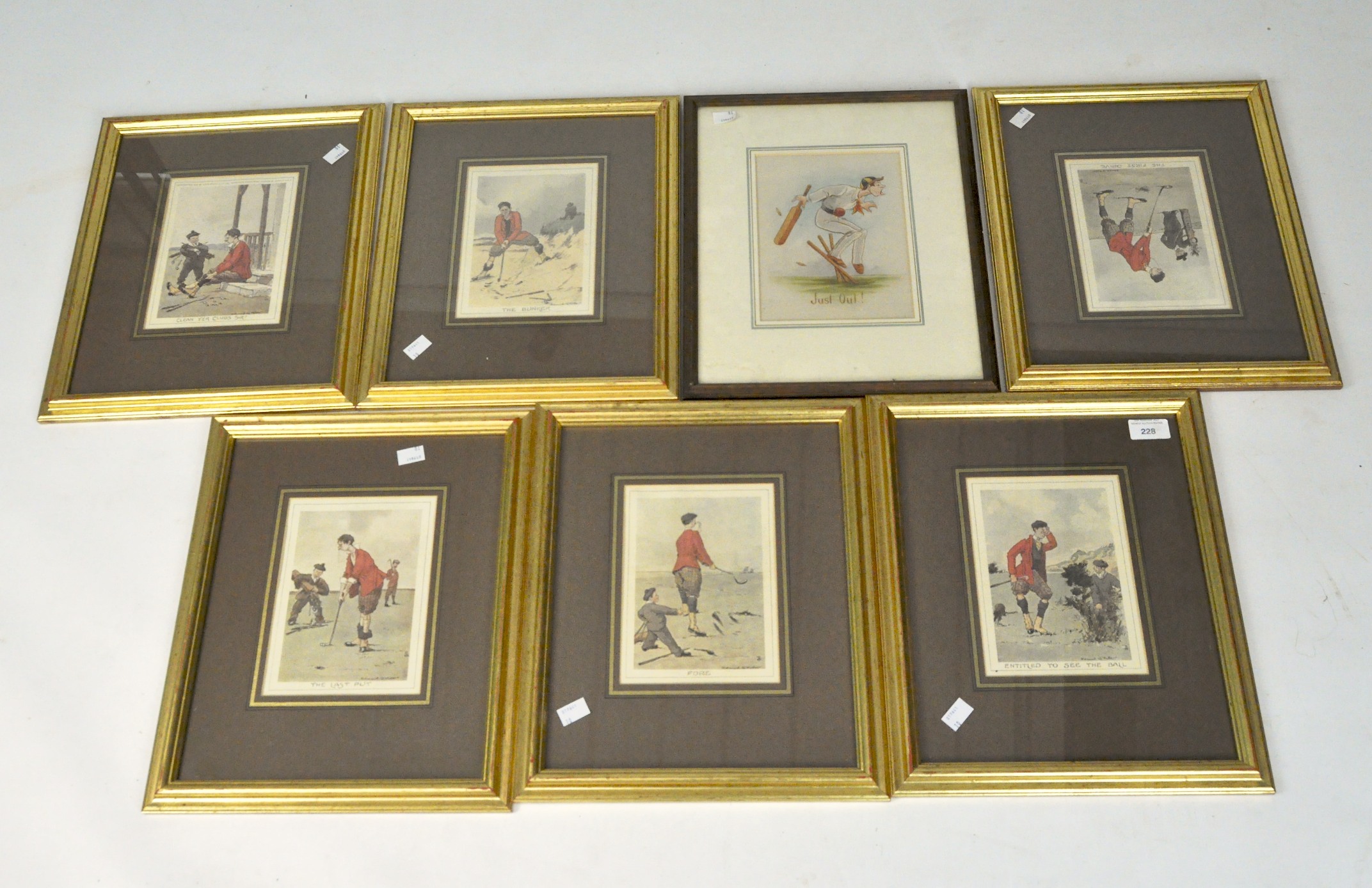 Seven Edmund G. Fuller comical golf prints, framed and glazed