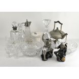 A box of glassware and assorted items, including: a silver-plated claret jug,