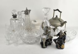 A box of glassware and assorted items, including: a silver-plated claret jug,
